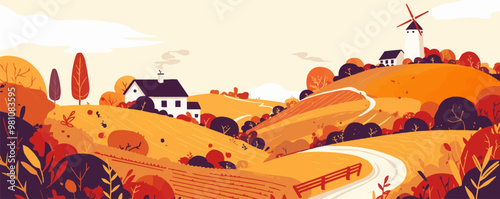 Farmhouse with windmill and rolling hills. Vector flat minimalistic isolated illustration.