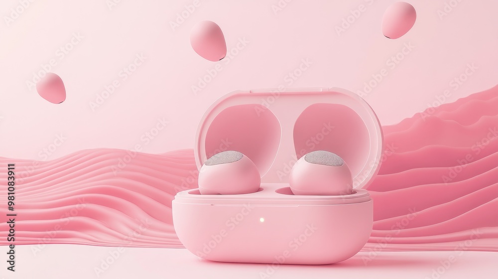 A pair of wireless earbuds in a pink charging case against a soft pink background. A pair of wireless earbuds in a pink charging case against a soft pink background.