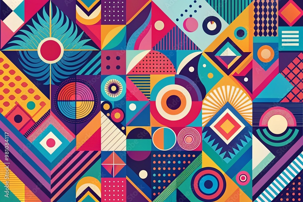 Vibrant illustration of a bold, colorful, and stylized graphic design featuring abstract shapes, geometric patterns,