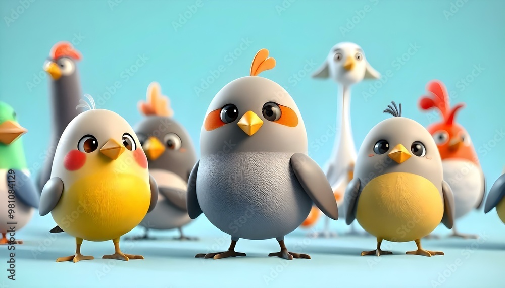 Cute cartoon birds with various colors and patterns, including a yellow-breasted bird Cute cartoon birds with various colors and patterns, including a yellow-breasted bird