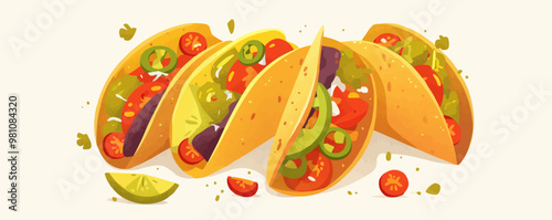 Freshly made tacos with salsa and guacamole. Vector flat minimalistic isolated illustration