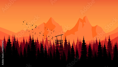 sunset view mountain landscape nature scenery vector illustration good for advertising, ads, business, wallpaper, background, backdrop design, and tourism