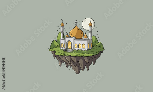 Floating mosque on an island under a starry night sky