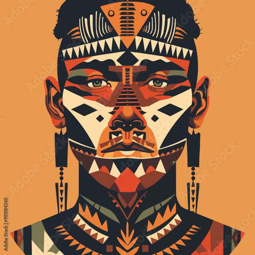 Tribal style portrait with traditional patterns and earthy tones, flat portrait, vector