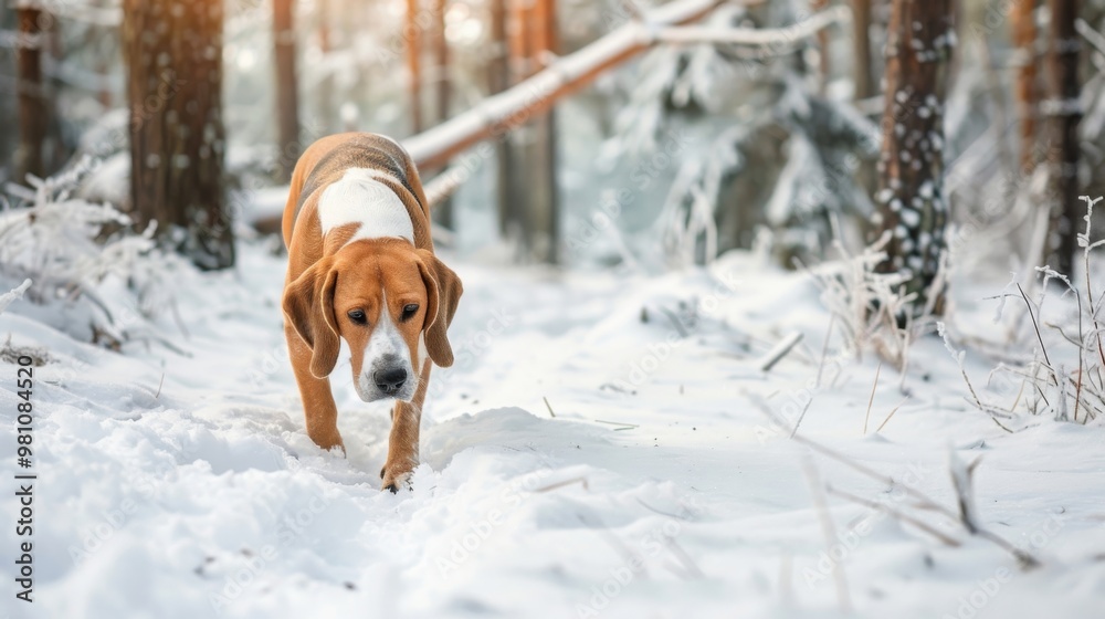 A playful dog explores a snowy forest path in winter, enjoying the fresh air and beautiful scenery. A playful dog explores a snowy forest path in winter, enjoying the fresh air and beautiful scenery.