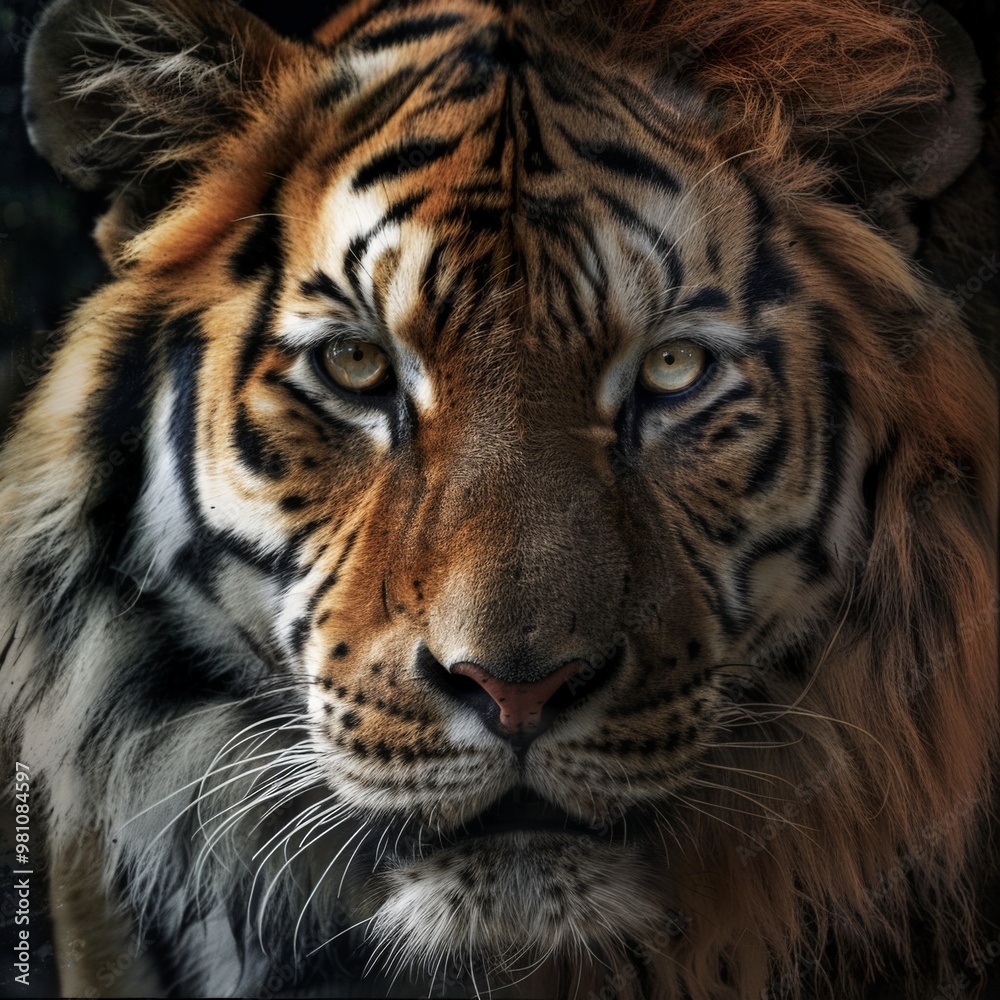 Obraz premium This striking tiger is prominently featured, showcasing its distinctive orange and black stripes. The animal exudes confidence and power as it observes its surroundings in the wild