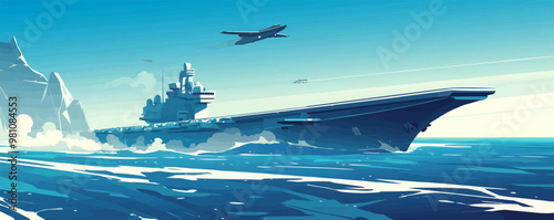 Futuristic aircraft carrier in a stormy futuristic ocean. Vector flat minimalistic isolated illustration