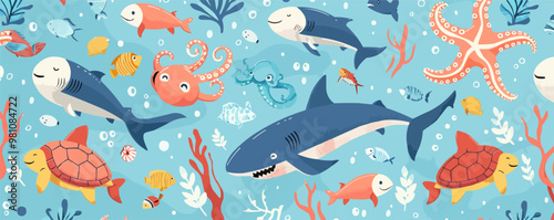 Playful ocean creatures like sharks, octopuses, and sea turtles on a marine background, flat, vector illustration, seamless pattern background design.