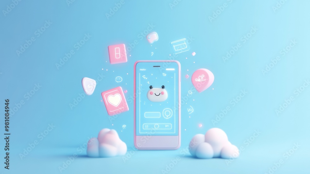 A playful smartphone interface surrounded by cute icons and clouds on a pastel background. A playful smartphone interface surrounded by cute icons and clouds on a pastel background.