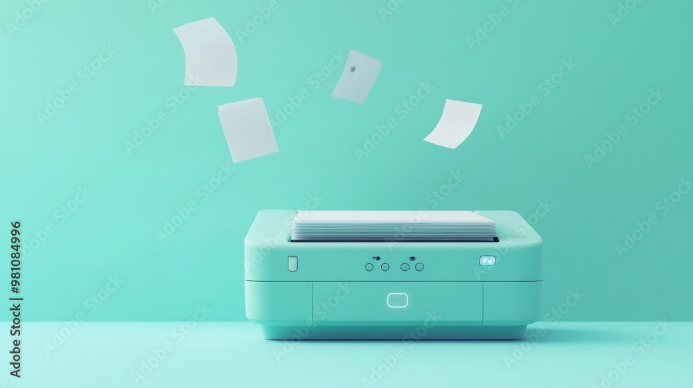 Fototapeta premium A mint-colored printer with flying sheets of paper, symbolizing printing activity.