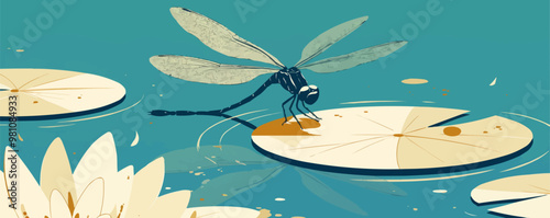 Graceful dragonfly resting on a lily pad, Vector flat minimalistic isolated illustration