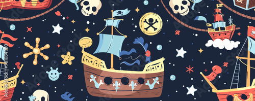 Playful pirate ships, treasure chests, and skulls with crossbones on a nautical background, flat, vector illustration, seamless pattern