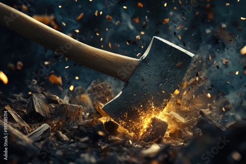 Axe Striking Sparks From Burning Wood photo