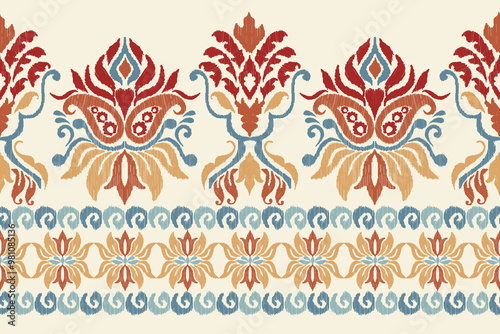 Ikat seamless pattern, geometric design, motif ethnic handmade, Ikat ethnic tribal, boho colors seamless wallpaper. Ethnic Ikat abstract background art, greeting cards, printing products