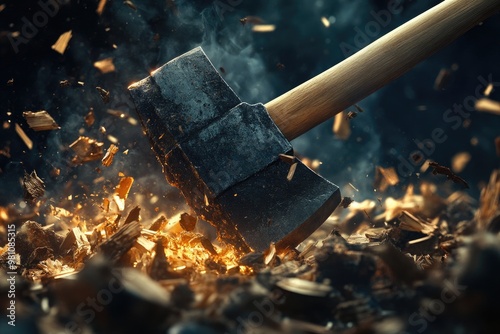 A Heavy Axe Splits Wood, Generating Sparks and Smoke photo