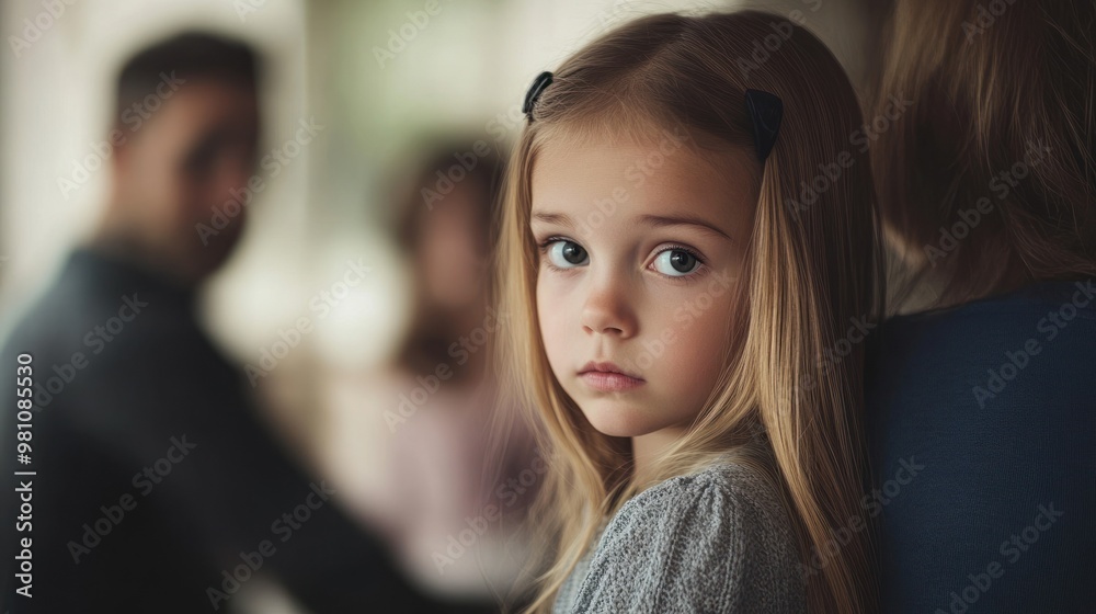 Innocent child with long hair in thoughtful expression Innocent child with long hair in thoughtful expression