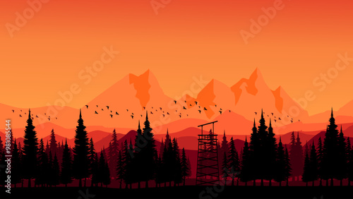 sunset view mountain landscape nature scenery vector illustration good for advertising, ads, business, wallpaper, background, backdrop design, and tourism