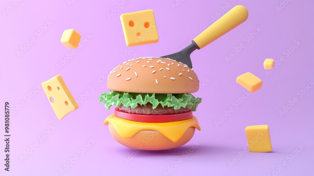 A playful 3D illustration of a burger with cheese and lettuce, surrounded by cheese cubes. A playful 3D illustration of a burger with cheese and lettuce, surrounded by cheese cubes.