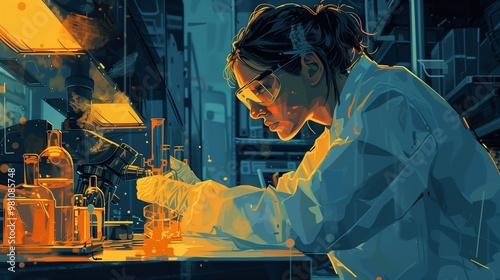 The scientist carefully manipulates glassware, observing reactions in a well equipped lab filled with various instruments photo