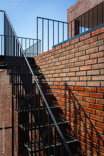 Architecture details of outdoor fire escape staircase with black steel structure and brick wall 