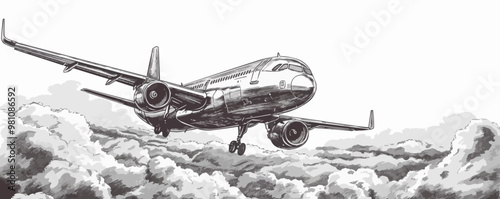 Airplane flying above the clouds sketch engraving vector illustration. Scratch board imitation. Black and white image. Vector illustration