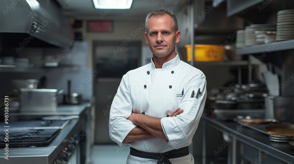 A confident chef standing in a kitchen, Portrait of a chef, A male chef in the kitchen