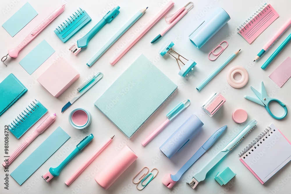 Minimalist Flat Lay of Pastel Pink and Blue Office Supplies on a White Background - A flat lay image of a minimalist workspace with pastel pink and blue office supplies on a white background. The imag Minimalist Flat Lay of Pastel Pink and Blue Office Supplies on a White Background - A flat lay image of a minimalist workspace with pastel pink and blue office supplies on a white background. The imag