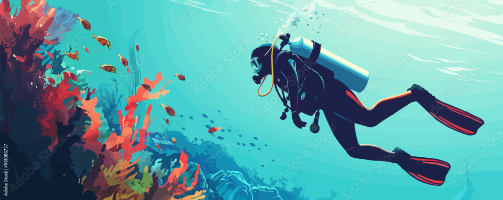 Adventurous pin-up scuba diver in retro gear, exploring underwater, flat, vector illustration, pin-up style.