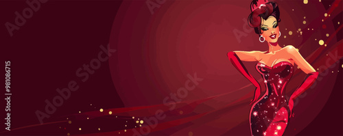 Glamorous pin-up fashion model in a stunning dress, posing on a runway, flat, vector illustration, pin-up style.