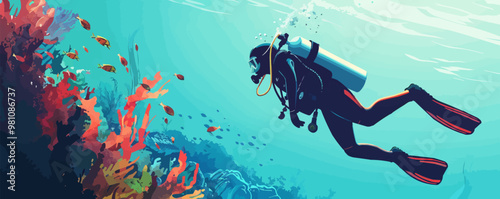 Adventurous pin-up scuba diver in retro gear, exploring underwater, flat, vector illustration, pin-up style.