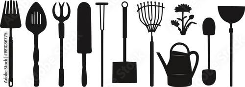 Garden tools, spade, rake, and watering can, gardening hobby, vector illustration, black silhouette, flat style.