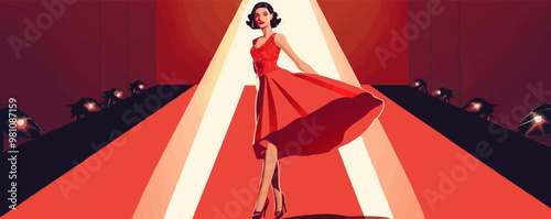 Glamorous pin-up fashion model in a stunning dress, posing on a runway, flat, vector illustration, pin-up style.