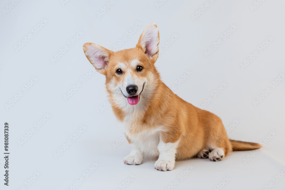 A Welsh Corgi dog sits on a white background smiling, a smiling dog isolated on a white background A Welsh Corgi dog sits on a white background smiling, a smiling dog isolated on a white background