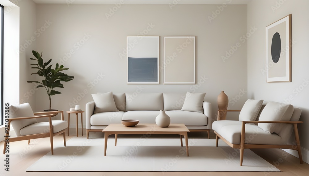 A tranquil, living room with a minimalist aesthetic, featuring a sleek low-profile sofa in a neutral tone.