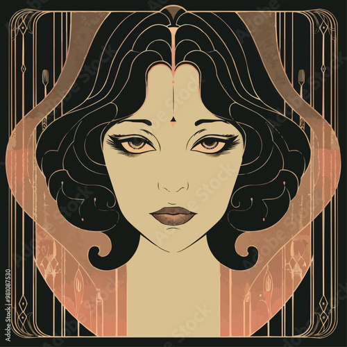 Art Nouveau portrait with flowing lines and organic shapes, flat portrait, vector