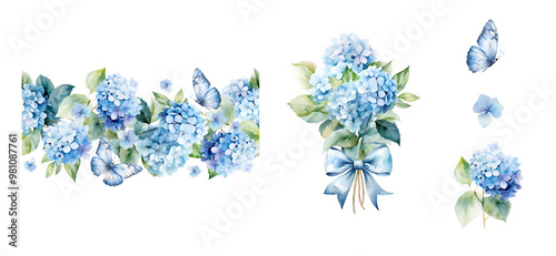 Fototapeta Naklejka Na Ścianę i Meble -  Seamless borders with watercolor blue hydrangea set