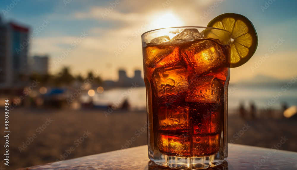 A refreshing iced drink with a lime slice, set against a stunning beach sunset backdrop, capturing a relaxing tropical atmosphere A refreshing iced drink with a lime slice, set against a stunning beach sunset backdrop, capturing a relaxing tropical atmosphere
