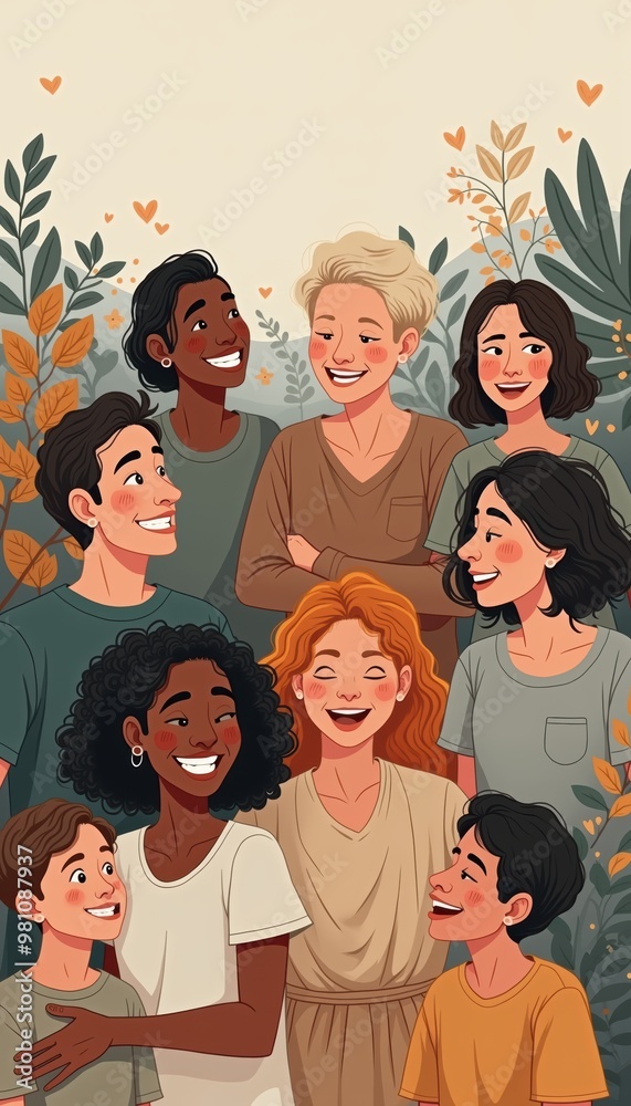 A joyful group of diverse people smiling together, celebrating friendship and connection amid a backdrop of greenery and warm colors. Perfect for social and community themes. A joyful group of diverse people smiling together, celebrating friendship and connection amid a backdrop of greenery and warm colors. Perfect for social and community themes.