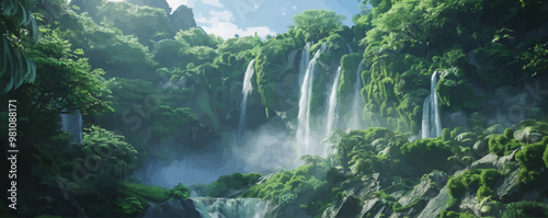 A photorealistic image of a majestic waterfall cascading down a lush green cliffside.