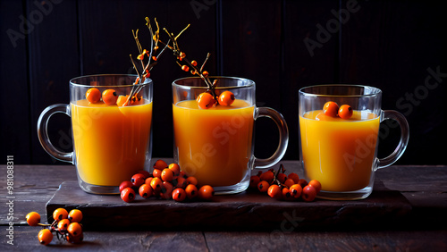 A cozy autumn morning with refreshing sea buckthorn tea: clear glass mugs filled with bright orange liquid and small shiny berries on a dark wooden surface