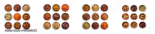 Set of dry cat nutrition food in a white bowl top view on transparent backround