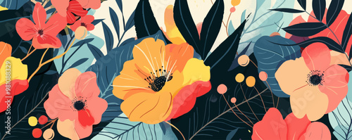 A colorful painting of flowers with a bright orange center. The flowers are arranged in a way that creates a sense of movement and energy. The overall mood of the painting is cheerful and uplifting