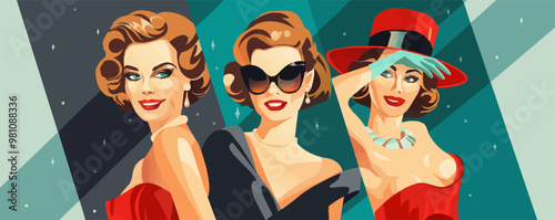 Hollywood icon portrait with classic poses and glamorous styles, flat portrait, vector illustration.