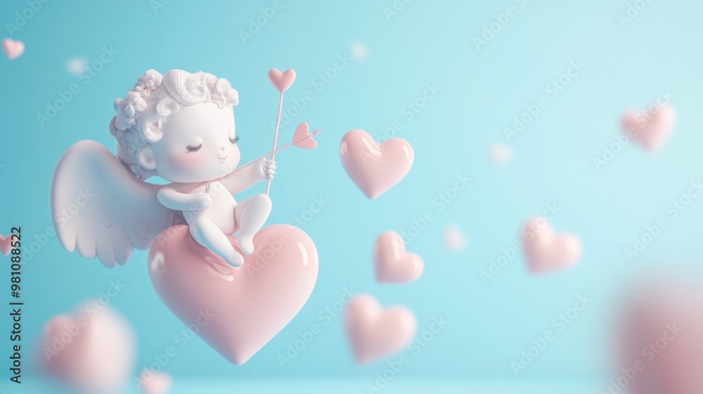 A cute cherub holding a heart amidst floating hearts, symbolizing love and affection. A cute cherub holding a heart amidst floating hearts, symbolizing love and affection.