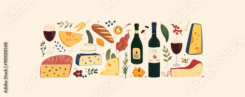 Collection of gourmet food items such as cheese, wine, and bread, vector illustration, flat style, icon set.