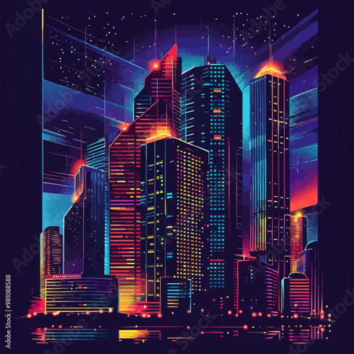 City skyline at night, glowing buildings and neon signs, urban nightlife, neon style, vector illustration, flat style.