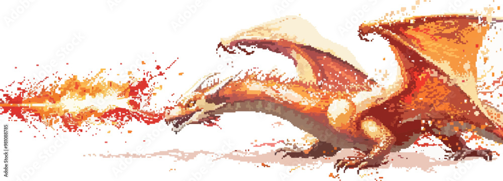 Illustrate a pixelated dragon breathing fire, pixel art on white ...