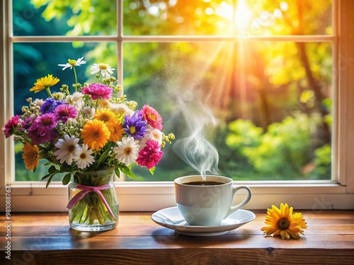 Wallpaper Mural Vibrant morning scene with steaming cup of coffee, fresh flowers, and sunlight pouring through a window, evoking a Torontodigital.ca
