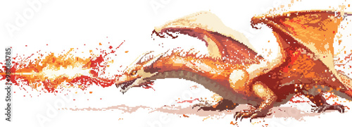 Illustrate a pixelated dragon breathing fire, pixel art on white isolated background, vector design.