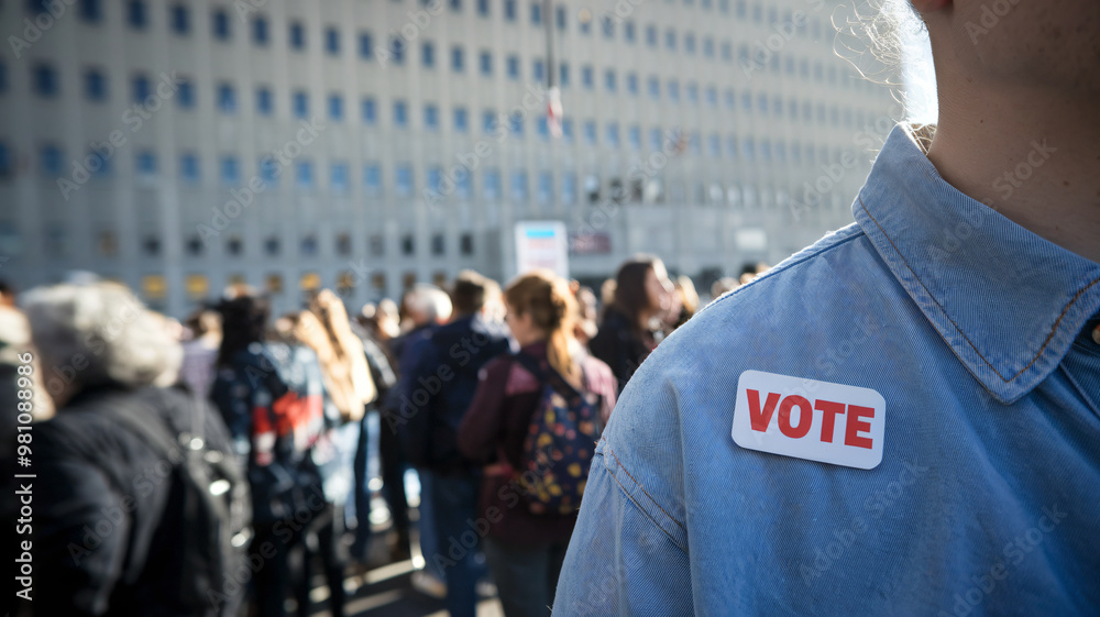 A voter stands in crowd, proudly displaying VOTE pin on their shirt, symbolizing civic engagement and participation in democratic process. atmosphere is filled with anticipation and unity A voter stands in crowd, proudly displaying VOTE pin on their shirt, symbolizing civic engagement and participation in democratic process. atmosphere is filled with anticipation and unity